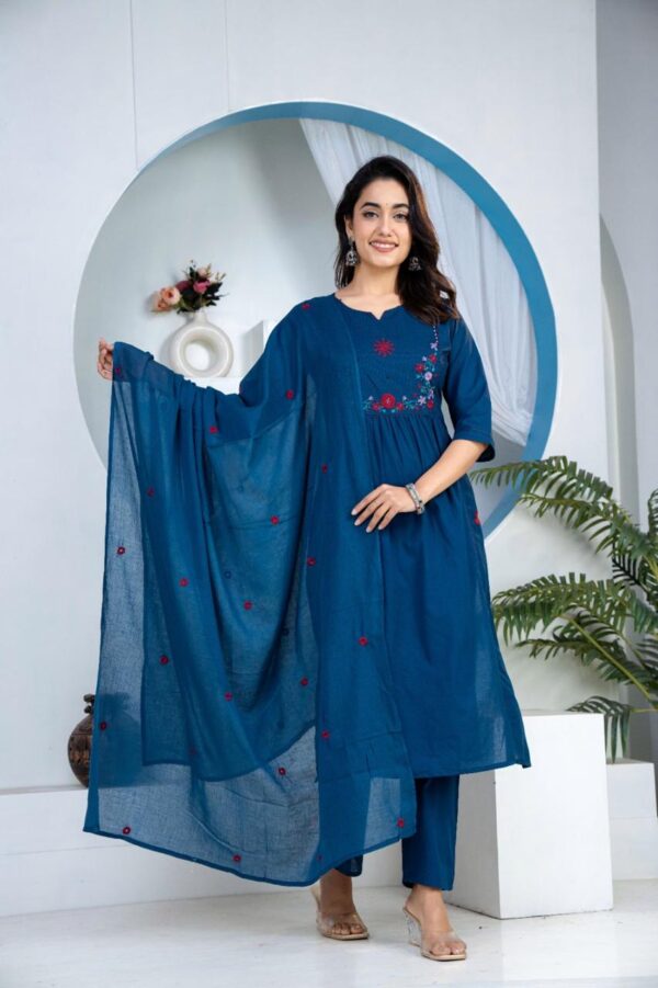teal-blue-floral-embroidered-straight-kurti-set Teal Blue Floral Embroidered 60-60 Cotton Straight Kurti Set