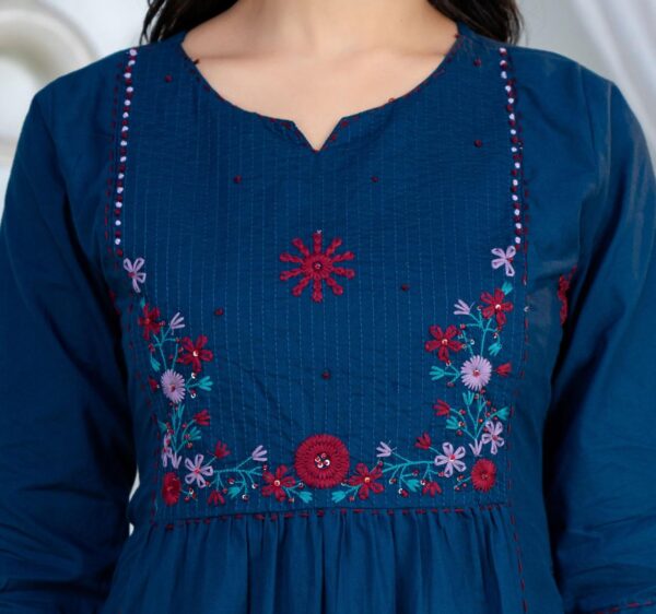 teal-blue-kurti-yoke-embroidery-detail Blue Floral Embroidered Straight Kurti Dupatta Set
