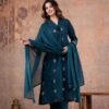 Teal Blue A-Line V-Neck Embroidered 60-60 Cotton Kurti Set
