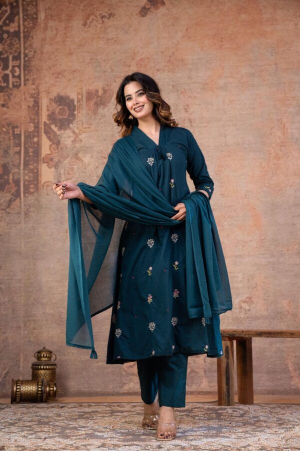 Teal Blue A-Line V-Neck Embroidered 60-60 Cotton Kurti Set